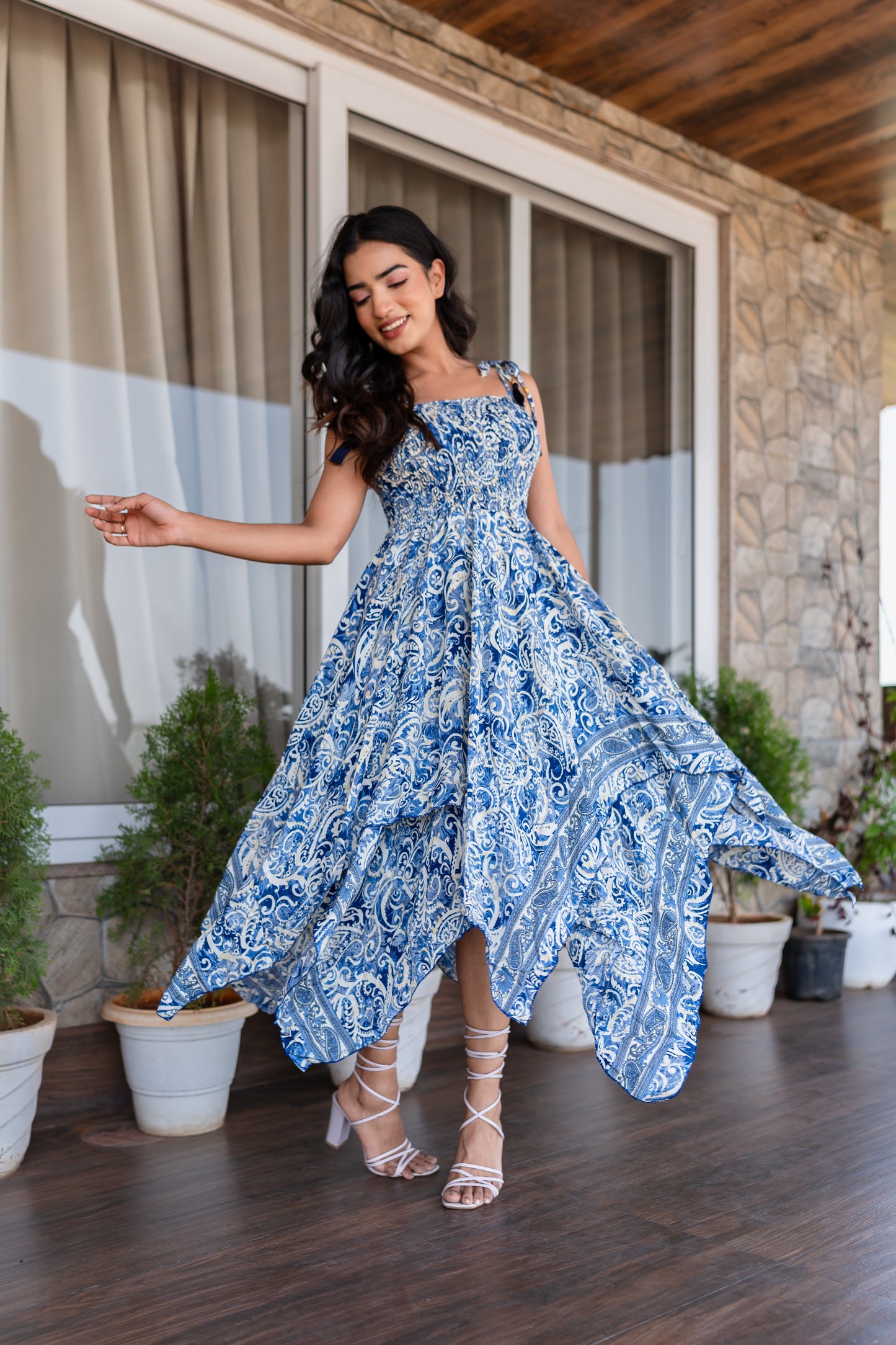 Blue Zigzag Bobbin Boho Dress