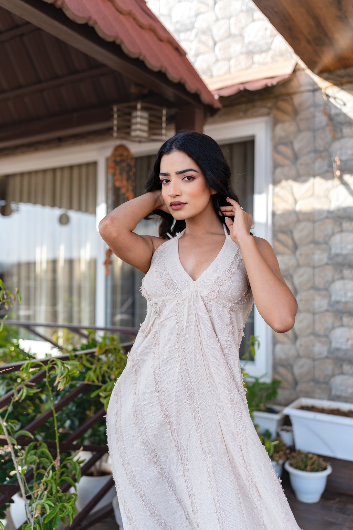 Beige Khadi Halter Neck Boho Dress