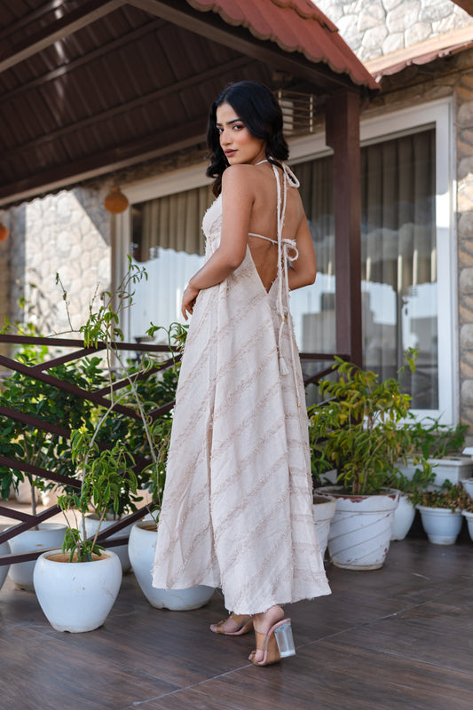 Beige Khadi Halter Neck Boho Dress