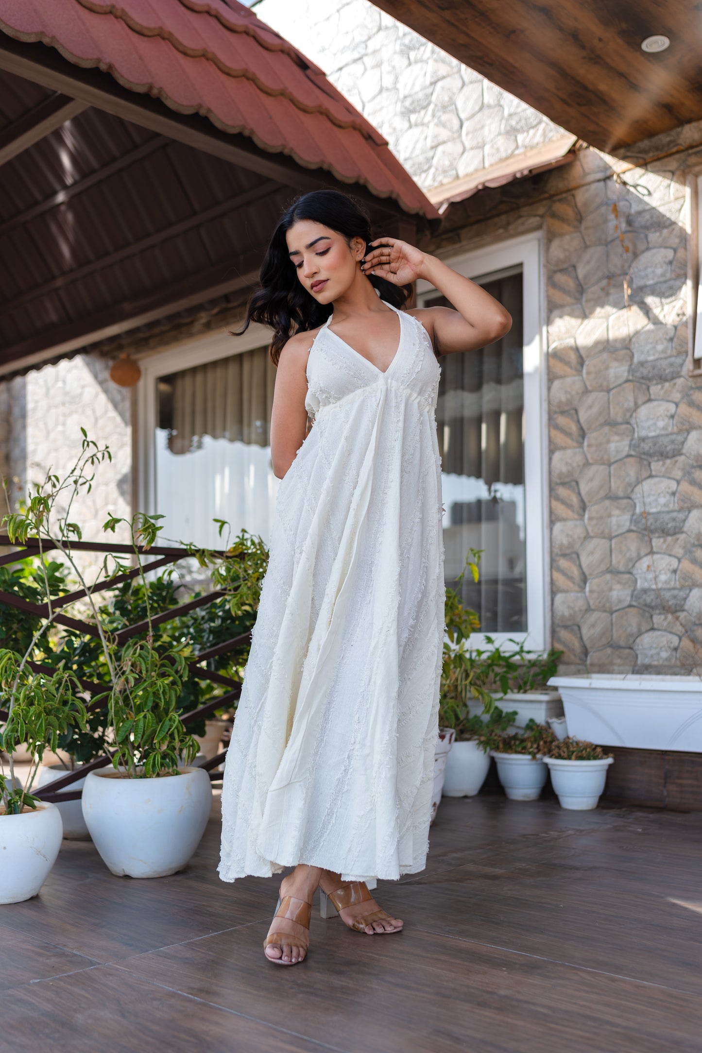 White Khadi Halter Neck Boho Dress