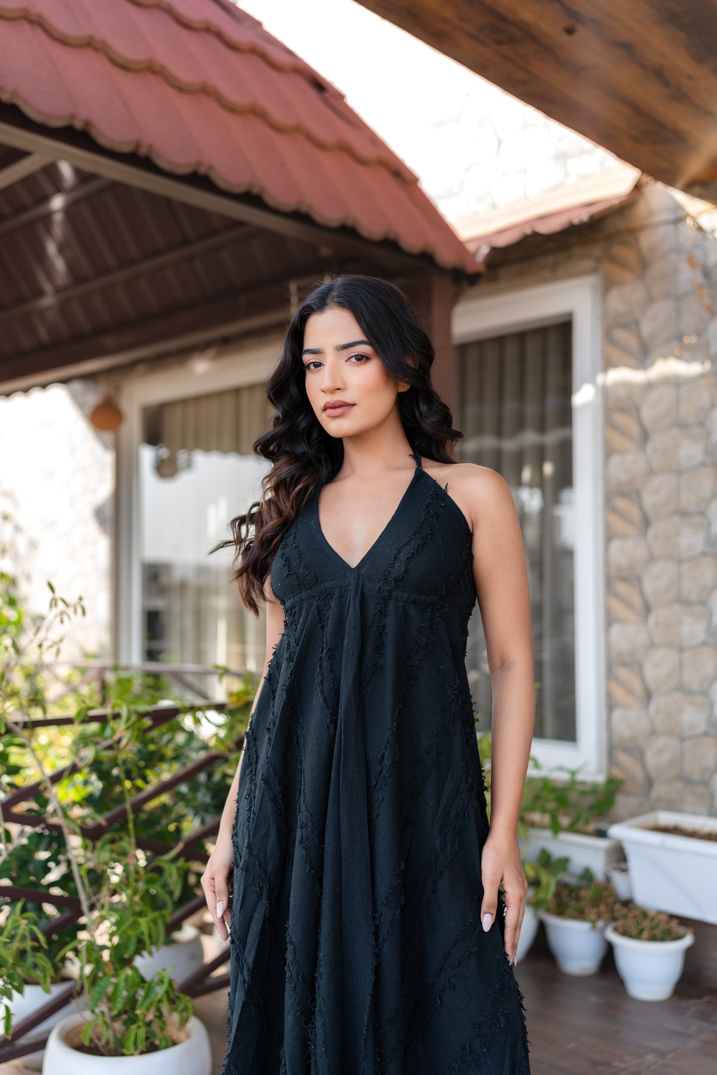 Black Khadi Halter Neck Boho Dress