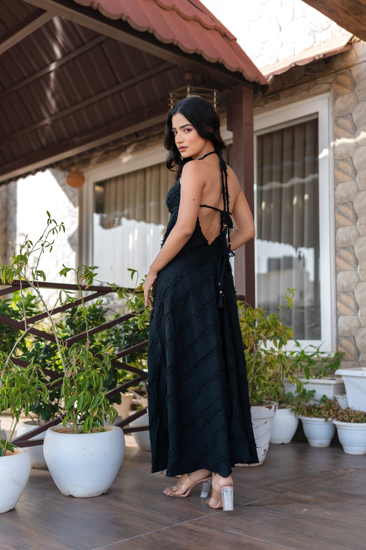 Black Khadi Halter Neck Boho Dress