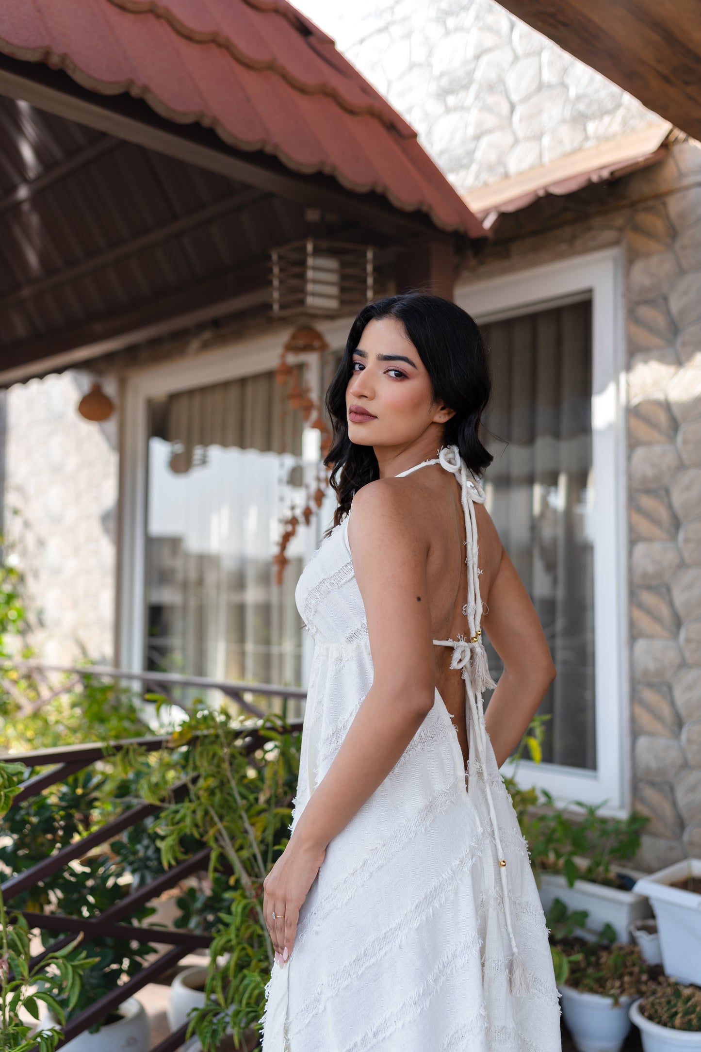 White Khadi Halter Neck Boho Dress