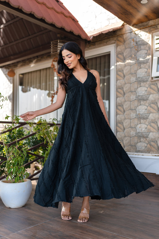 Black Khadi Halter Neck Boho Dress