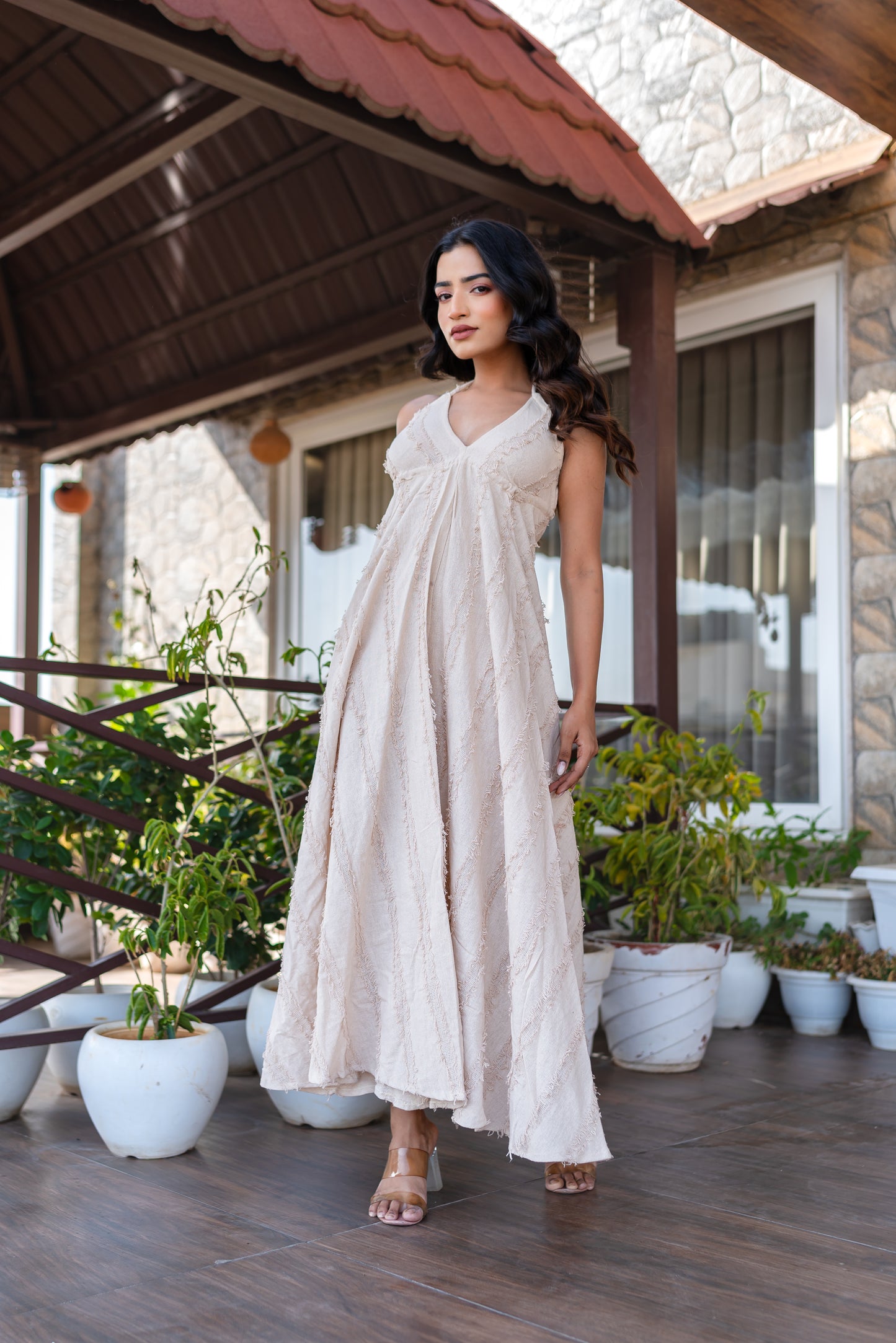 Beige Khadi Halter Neck Boho Dress