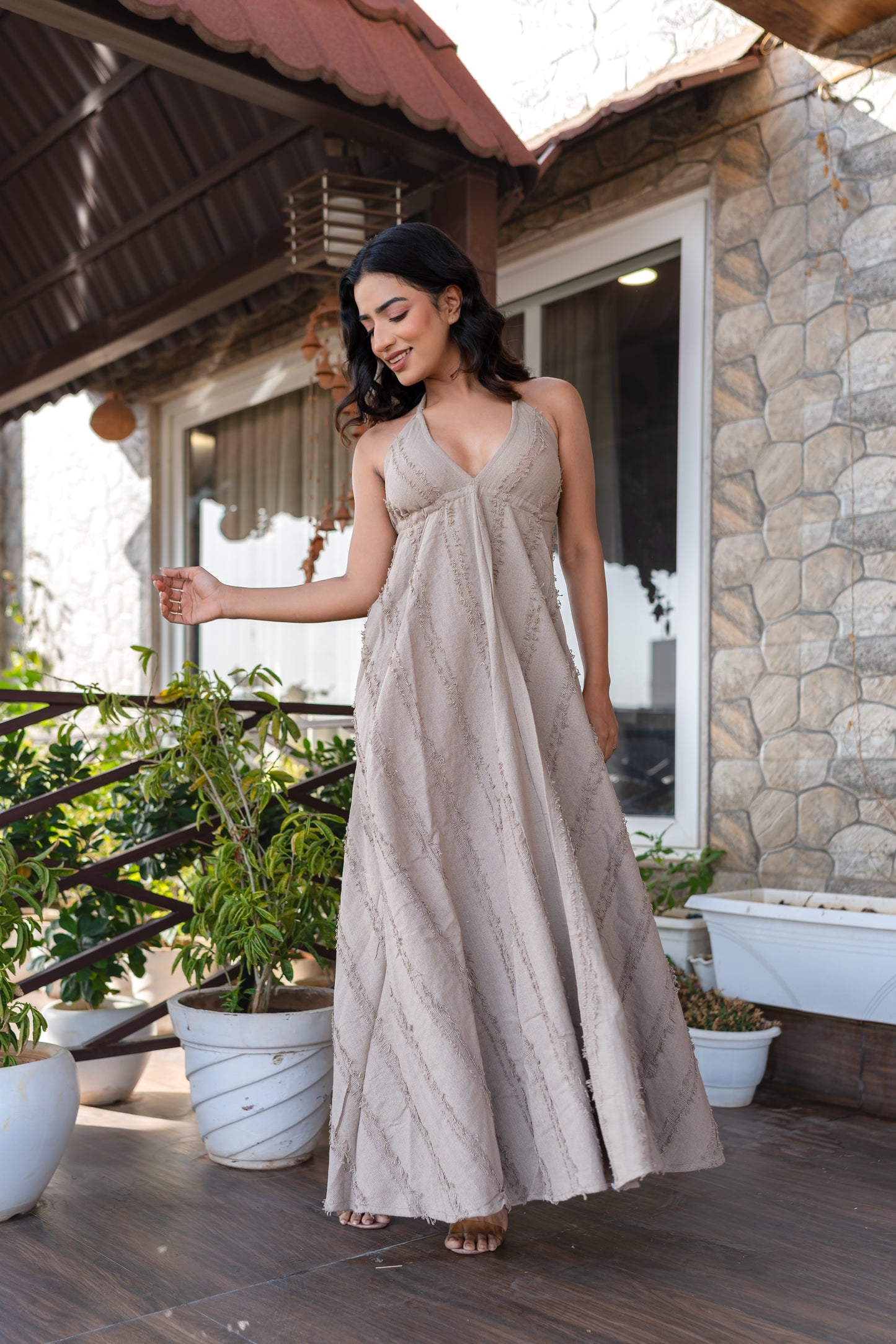 Khaki Khadi Halter Neck Boho Dress