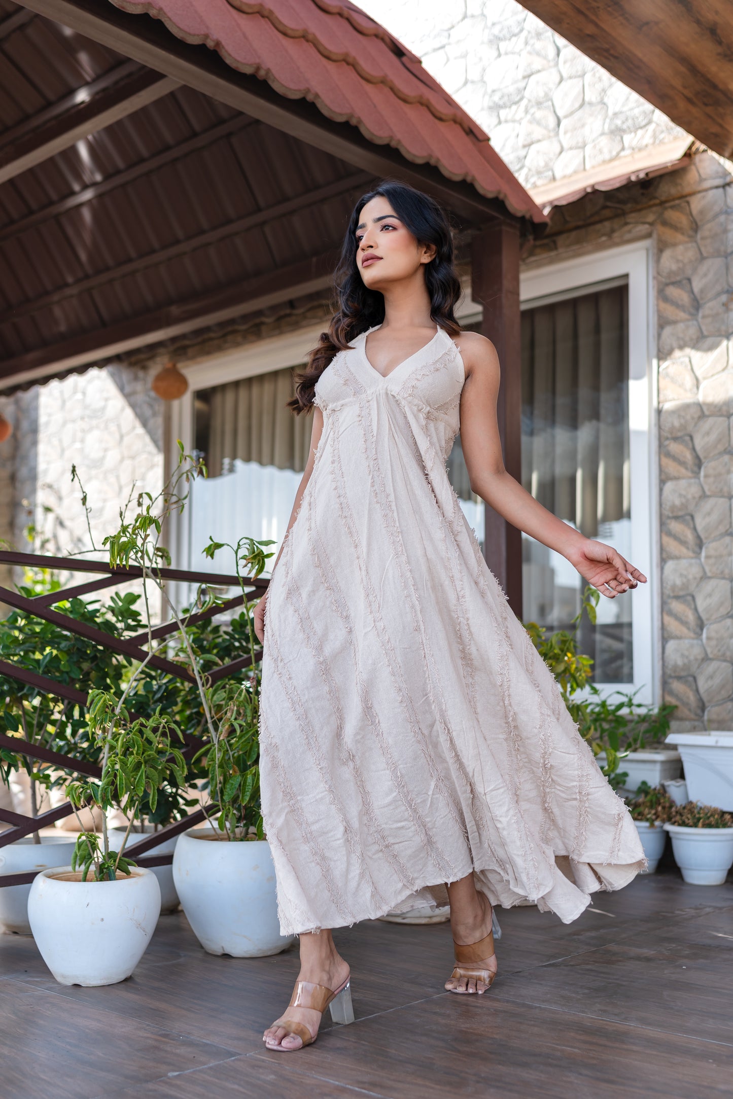 Beige Khadi Halter Neck Boho Dress