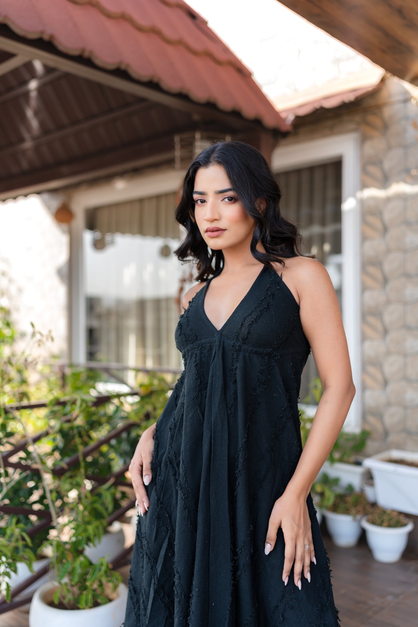 Black Khadi Halter Neck Boho Dress