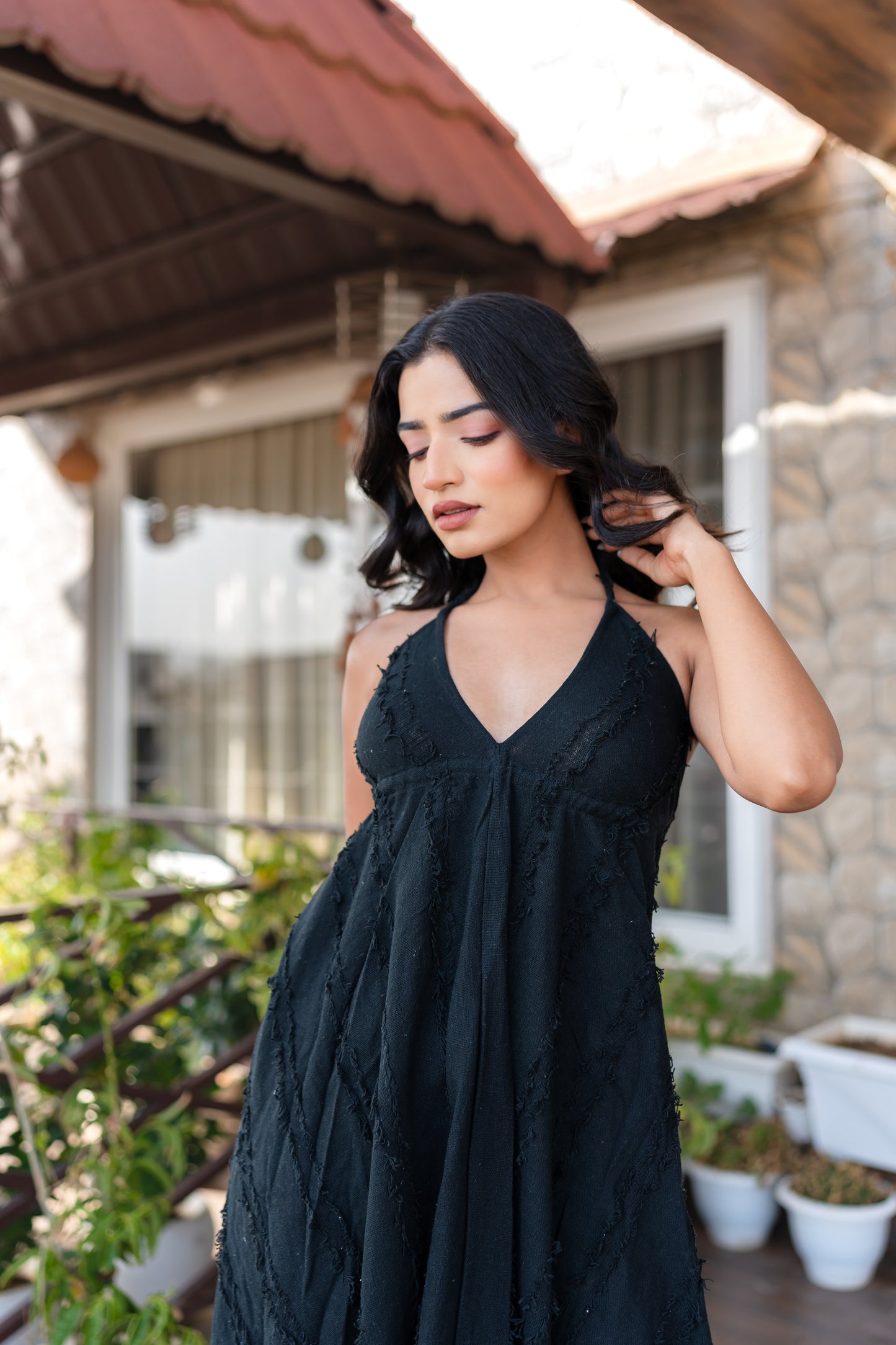 Black Khadi Halter Neck Boho Dress