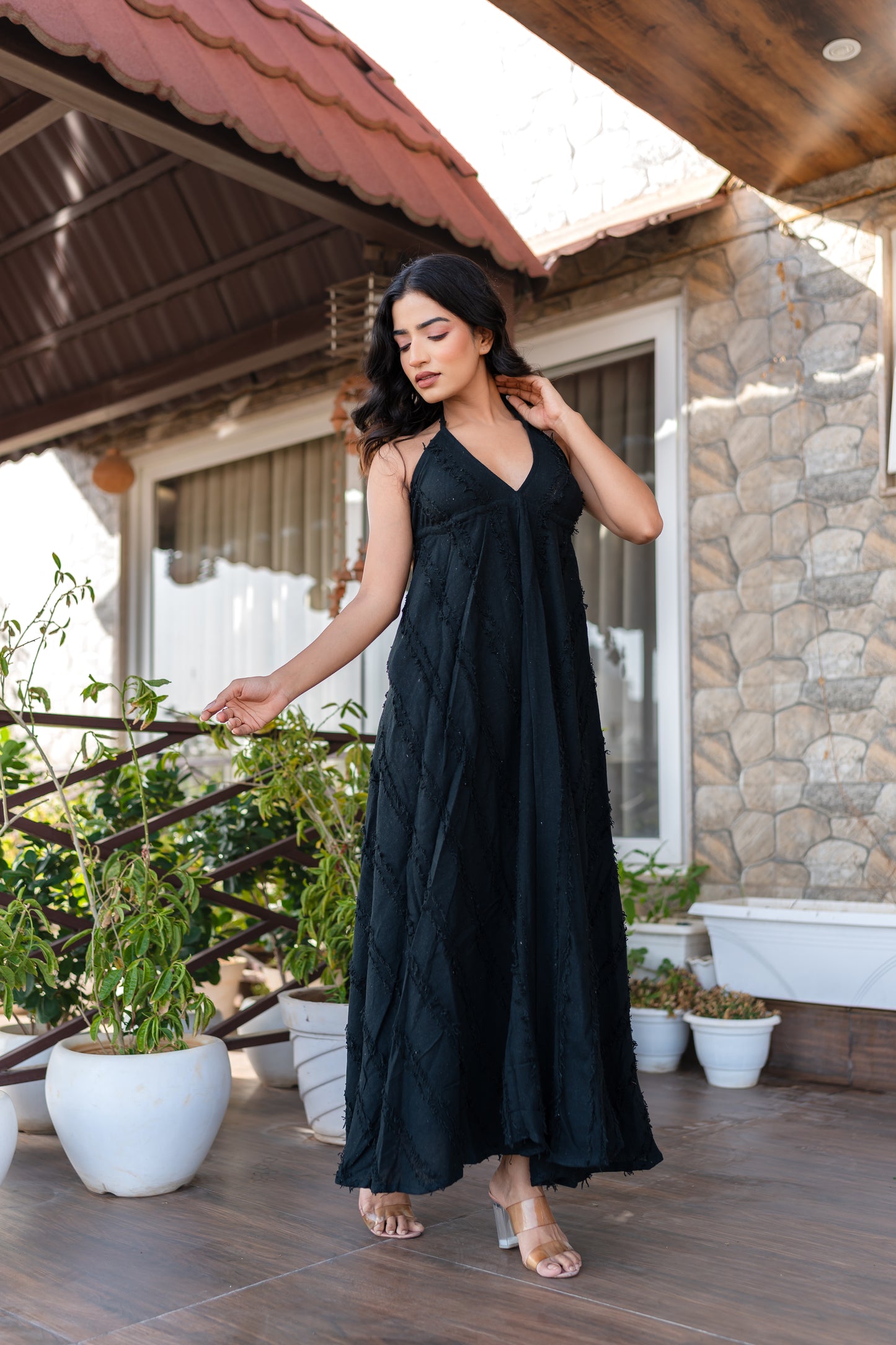 Black Khadi Halter Neck Boho Dress